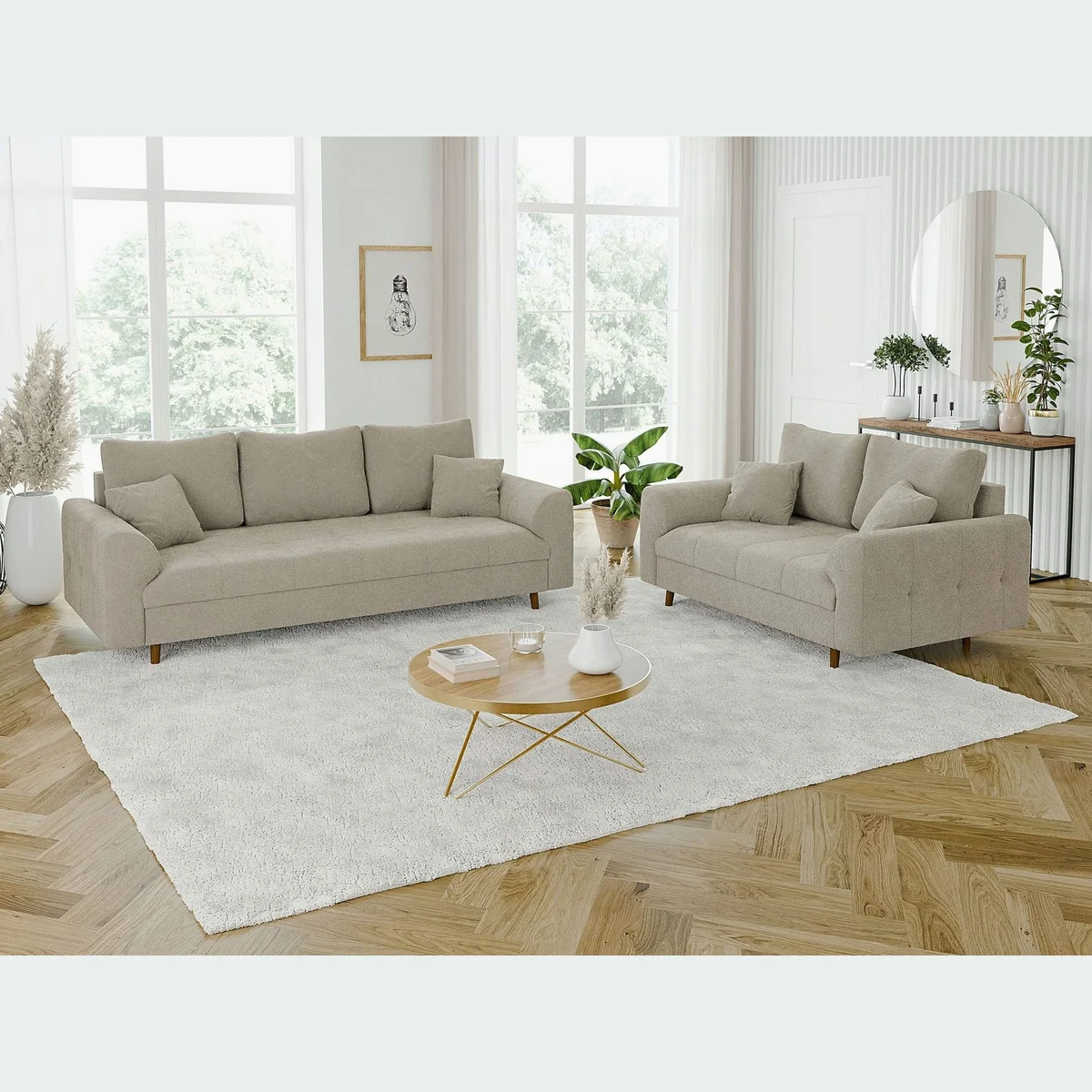 S-Style Möbel Polstergarnitur Leif, skandinavischer Stil, Boucle-Stoff — 3-Sitzer & 2-Sitzer inklusive Kissen