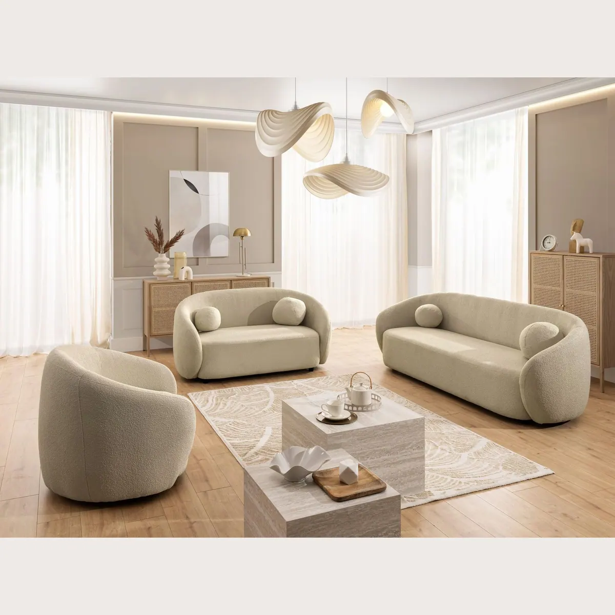 S-Style Möbel Roundi Polstergarnitur 3+2+1, Eleganz & Komfort in Bouclé