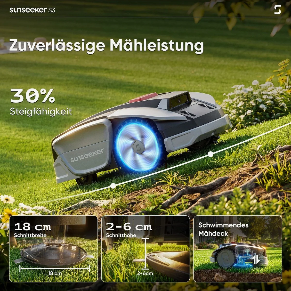 Sunseeker S3 Rasenmähroboter, für Gärten bis 800 m², KI-Kartierung, App-Steuerung 2