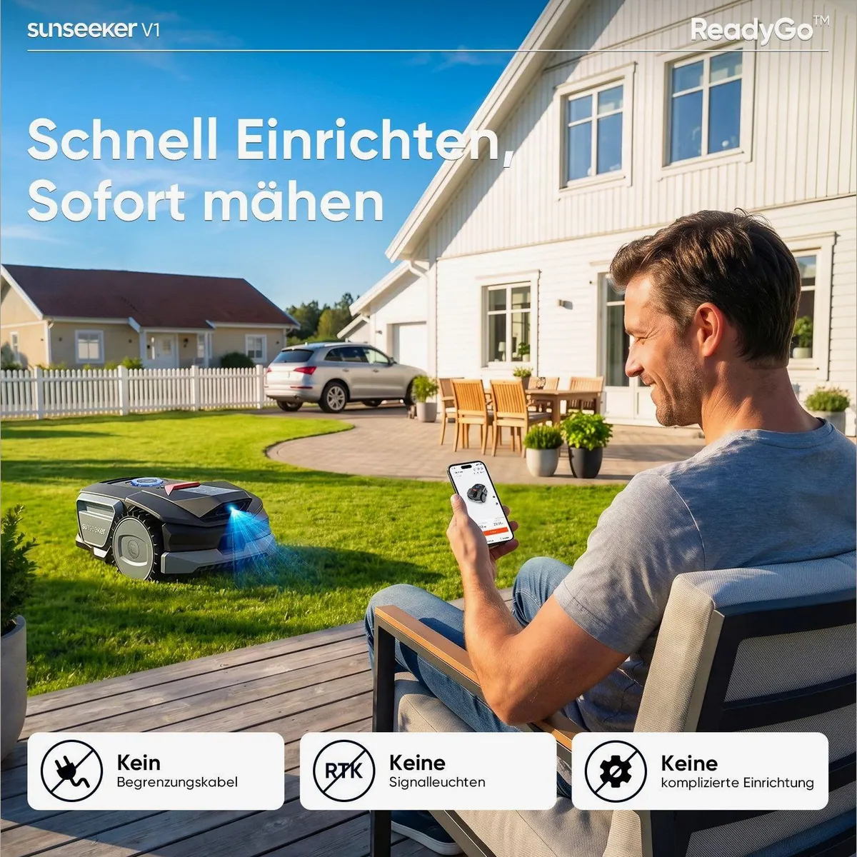 Sunseeker V1 Rasenmähroboter, bis 300 m², App-Steuerung, Vision AI, 55 dB 2