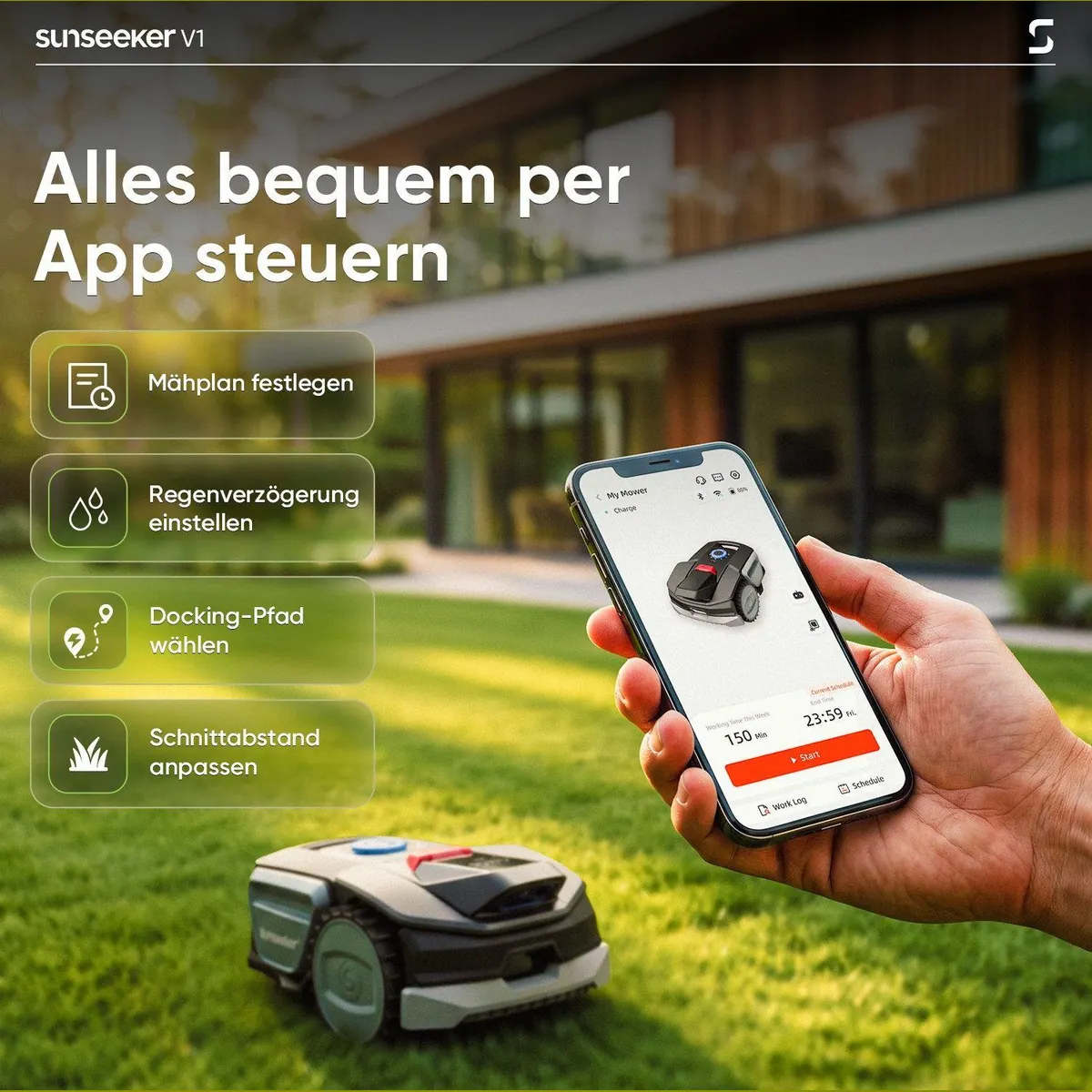 Sunseeker V1 Rasenmähroboter, bis 300 m², App-Steuerung, Vision AI, 55 dB 4