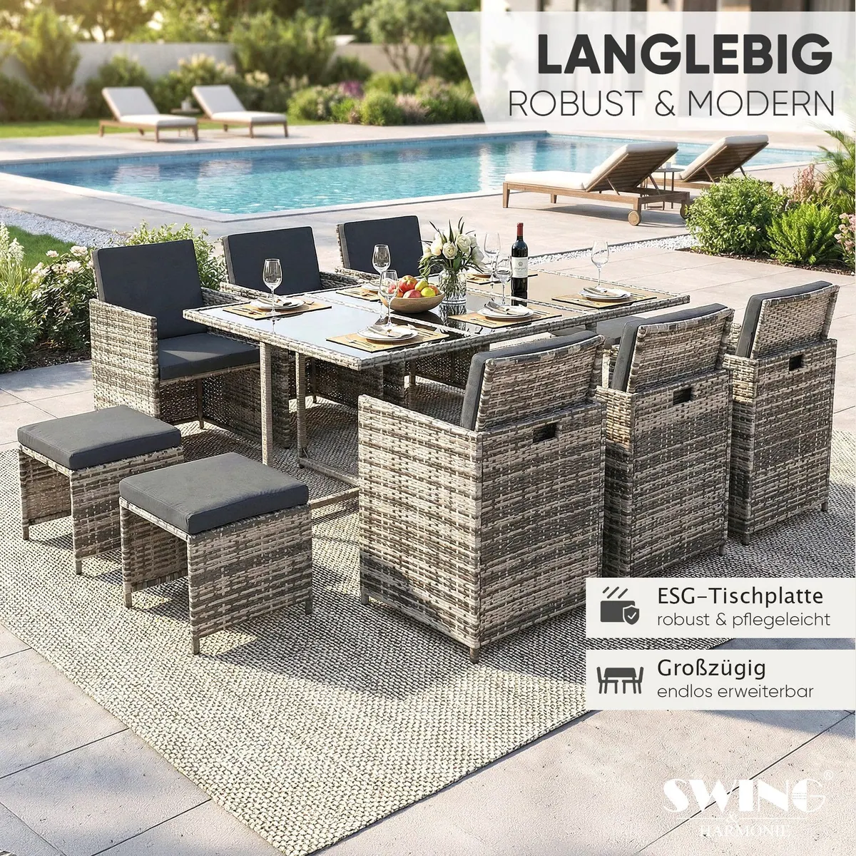 Swing&Harmonie Vegas Garten-Essgruppe, elegantes Design, wetterfest, inklusive Kissen 4