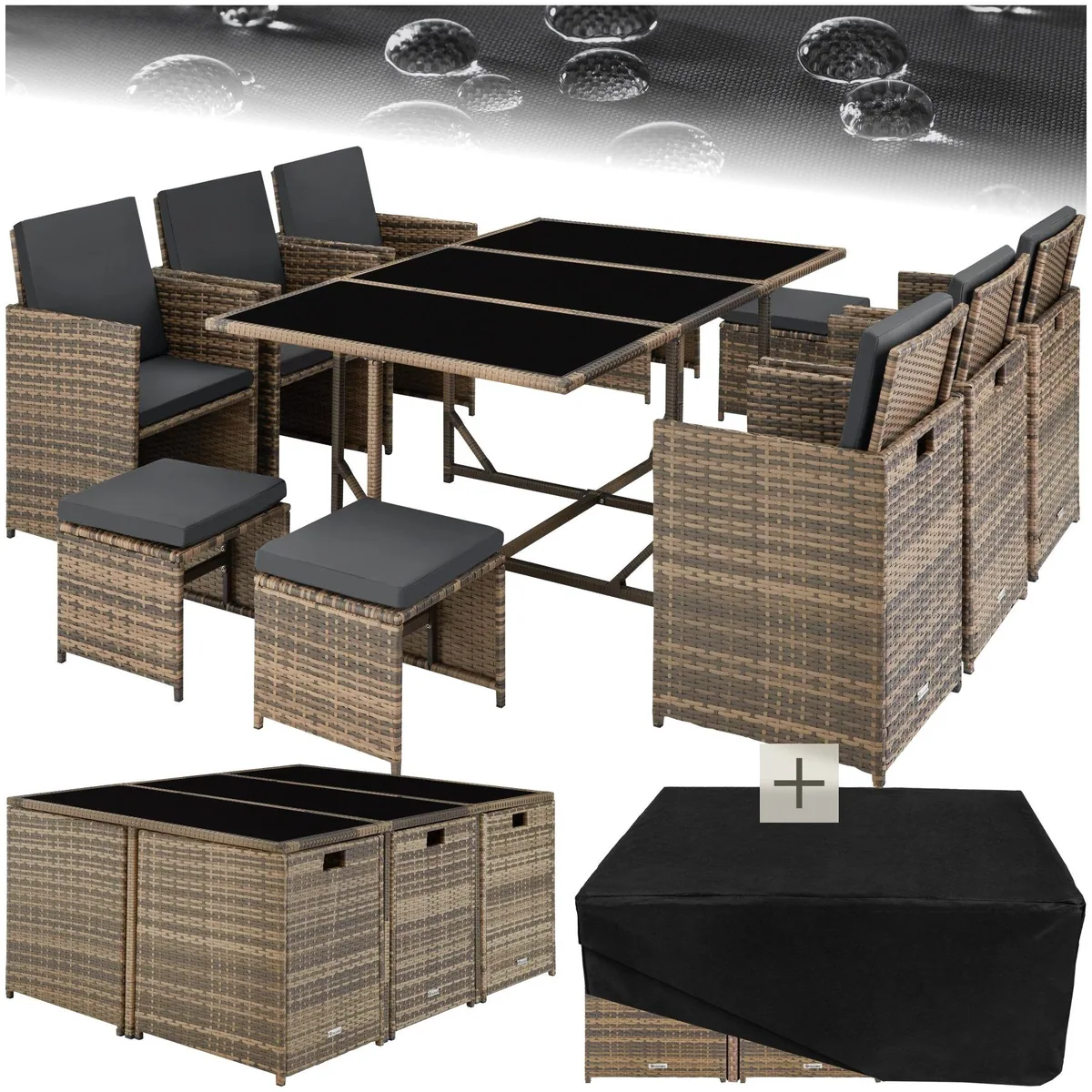 tectake Rattan-Gartenlounge Malaga, für 6-10 Personen, wetterbeständig und pflegeleicht