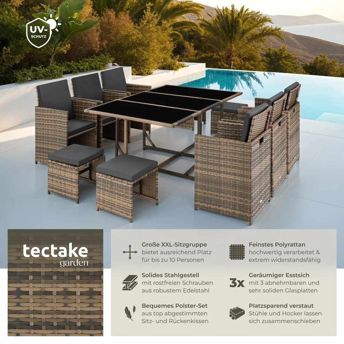 tectake Rattan-Gartenlounge Malaga, für 6-10 Personen, wetterbeständig und pflegeleicht 2