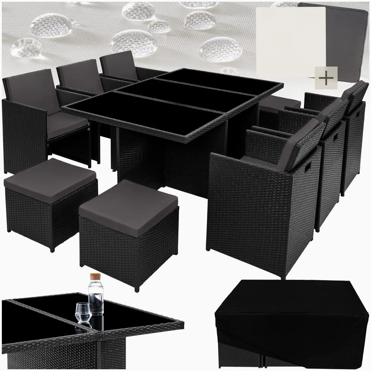 tectake Rattan Sitzgruppe New York, für 6-10 Personen, wetterfest, inkl. 2 Bezugssets