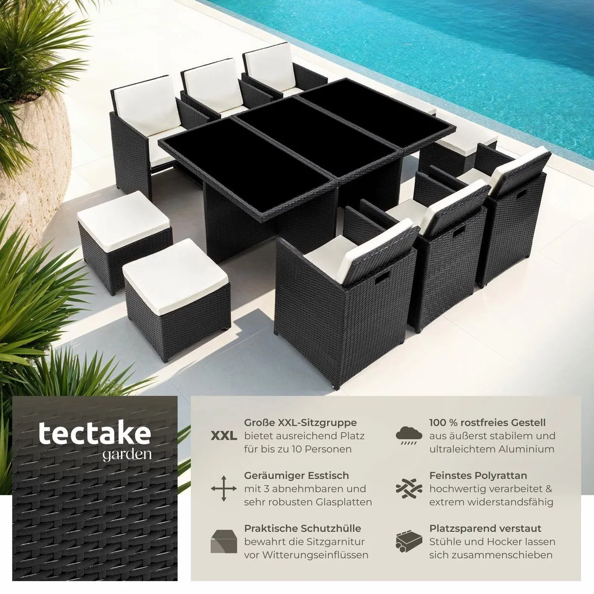 tectake Rattan Sitzgruppe New York, für 6-10 Personen, wetterfest, inkl. 2 Bezugssets 2