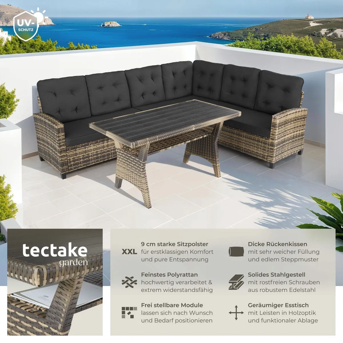 tectake Lounge Catania, 3-teilig, wetterfestes Polyrattan, hohe Sitzkomfort 2