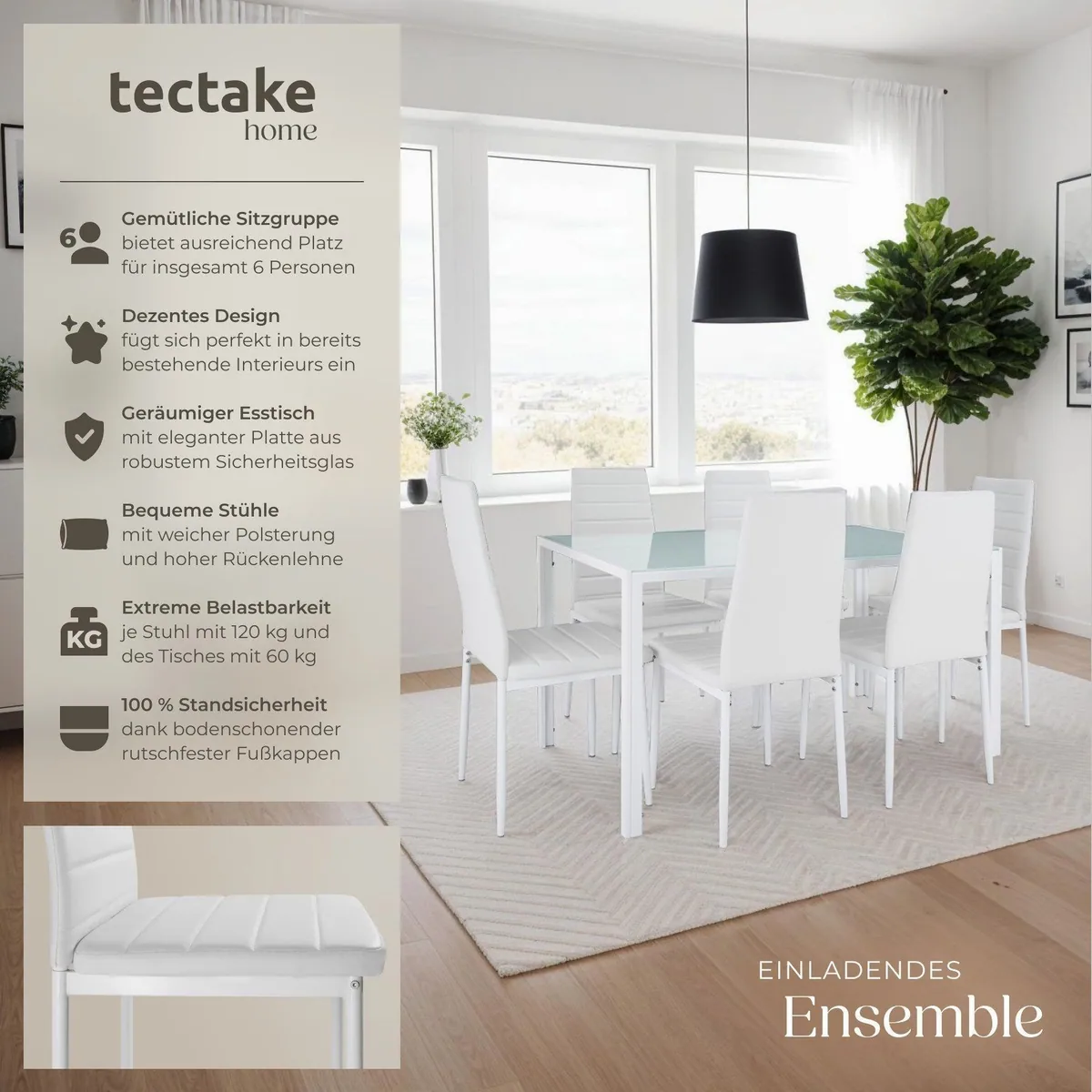 tectake Esszimmergruppe Brandenburg, 7-tlg., gepolsterte Stühle und Glastisch 2