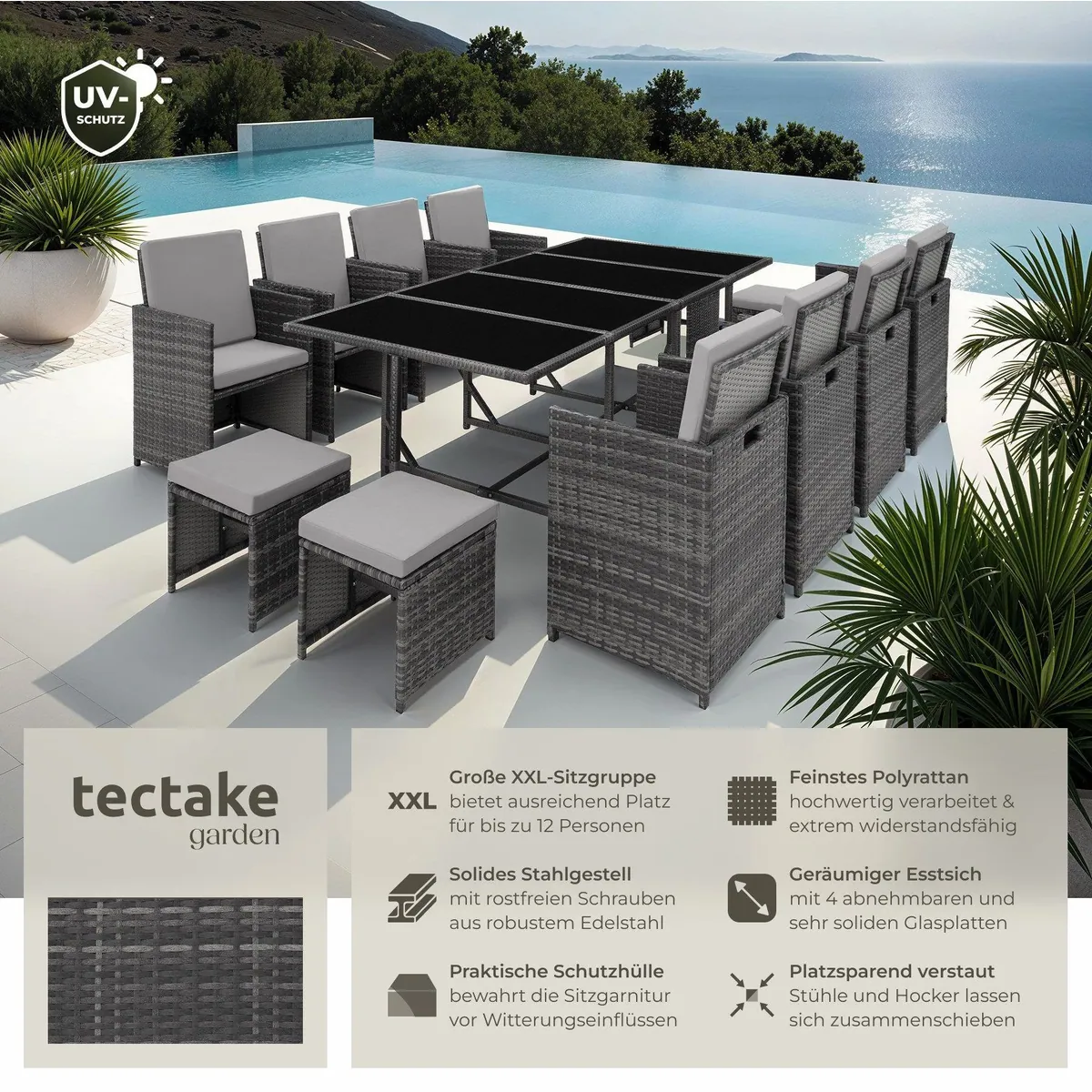 tectake Rattan Sitzgruppe Palma, wetterfest, für bis zu 12 Personen — platzsparendes Design, inklusive Schutzhülle 2