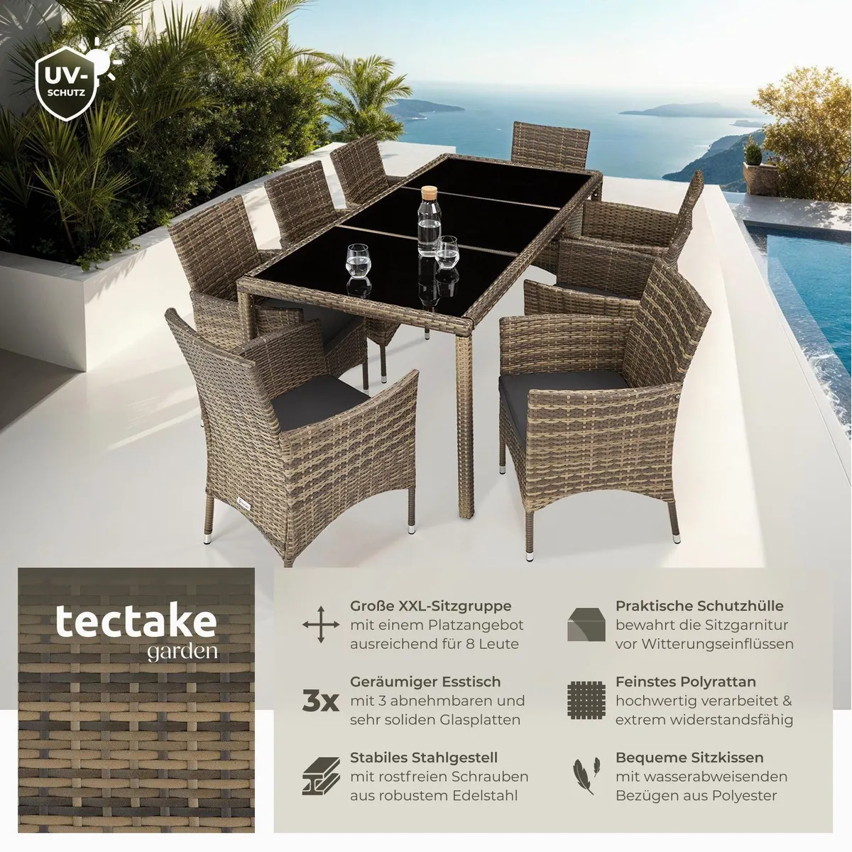tectake Rattan Sitzgruppe Almansa, 9-tlg., UV-beständig und pflegeleicht 2