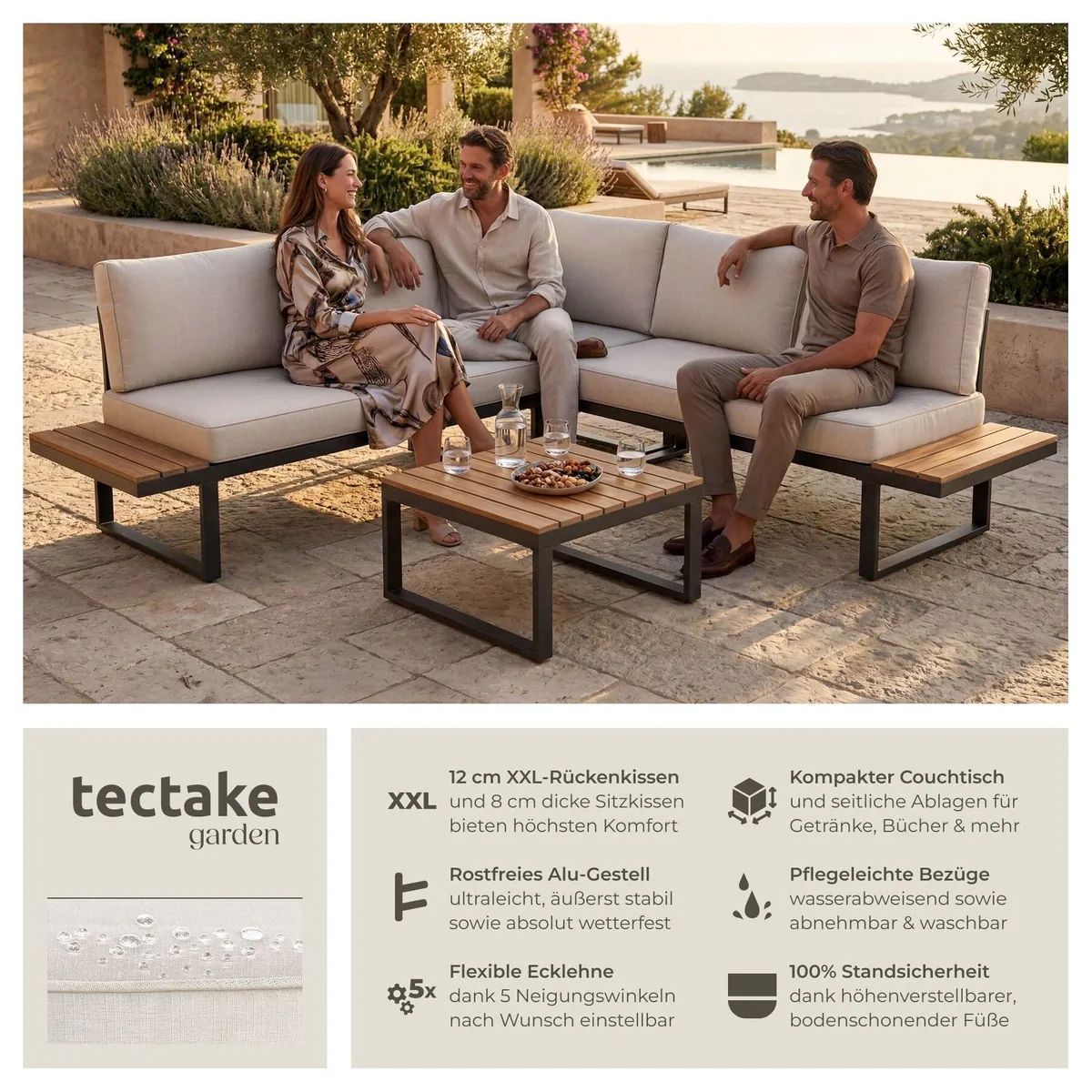tectake Garten-Lounge-Set Eliar, wetterfest, verstellbare Ecklehne, Aluminium — für stilvolle Entspannung im Freien 2
