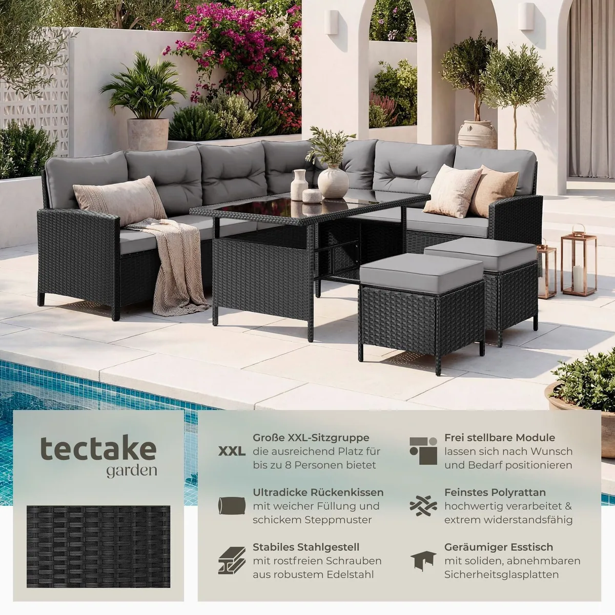tectake Barletta Gartenlounge-Set, für 6-8 Personen, UV-beständig, inkl. Sicherheitsglas-Tisch 2