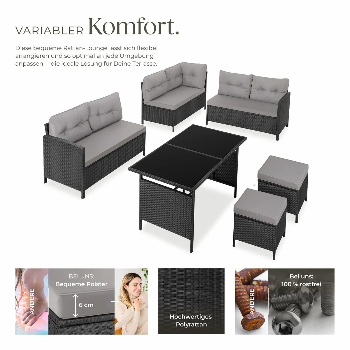 tectake Barletta Gartenlounge-Set, für 6-8 Personen, UV-beständig, inkl. Sicherheitsglas-Tisch 3
