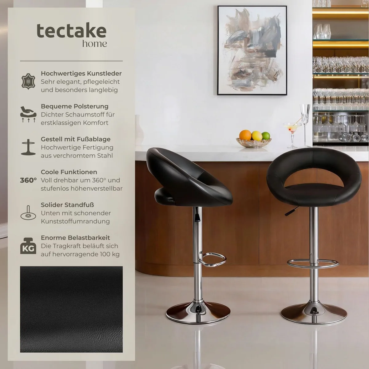 tectake Barhocker Christian 2er Set, gepolstert, drehbar und höhenverstellbar 2