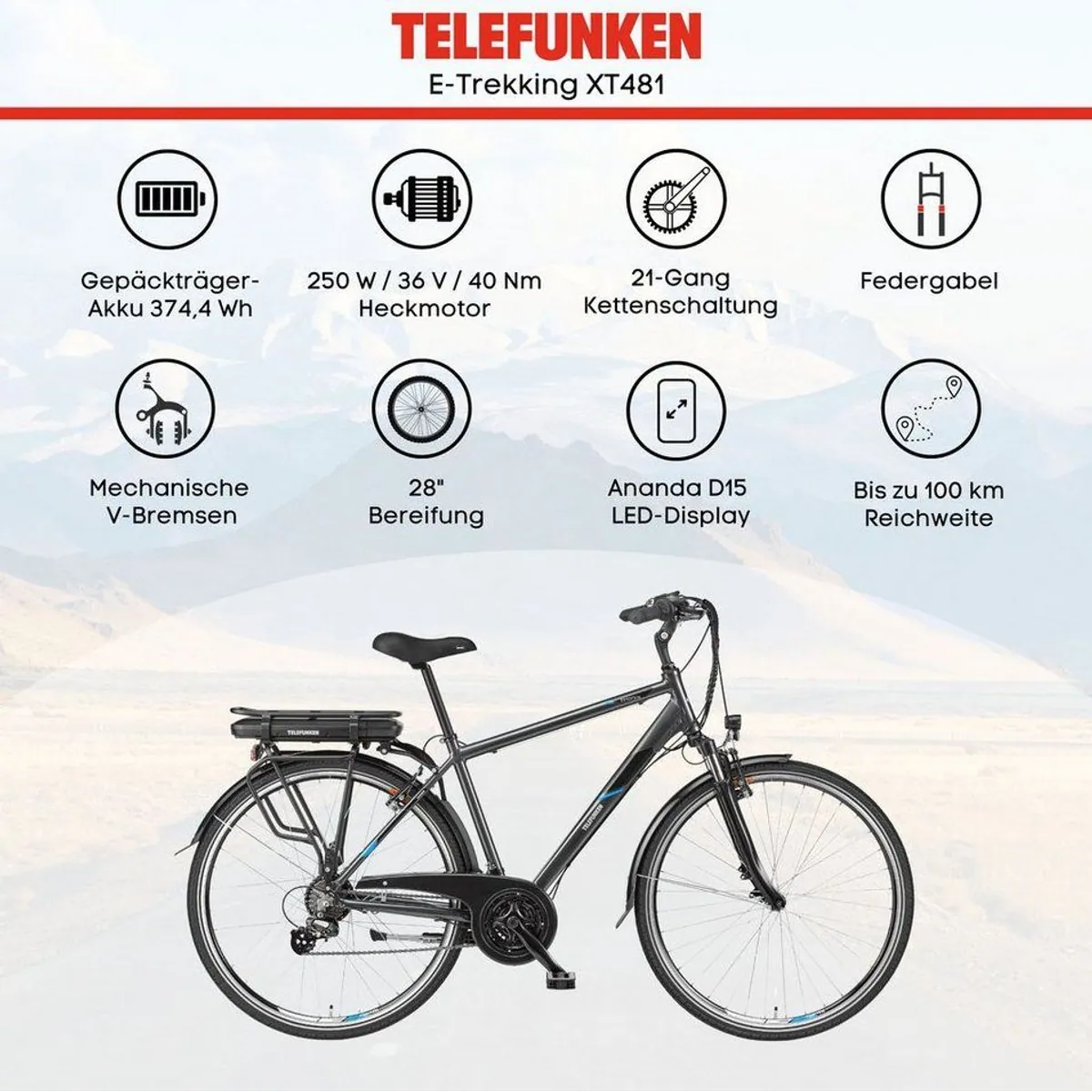 Telefunken Trekking E-Bike Expedition XT481, 21-Gang Shimano, 374,4 Wh Akku 5