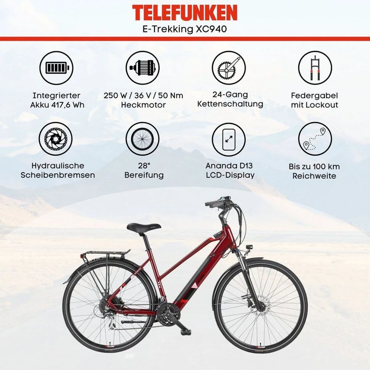 Telefunken E-Bike Trekkingrad XC940, 24 Gang Shimano, 100 km Reichweite 5