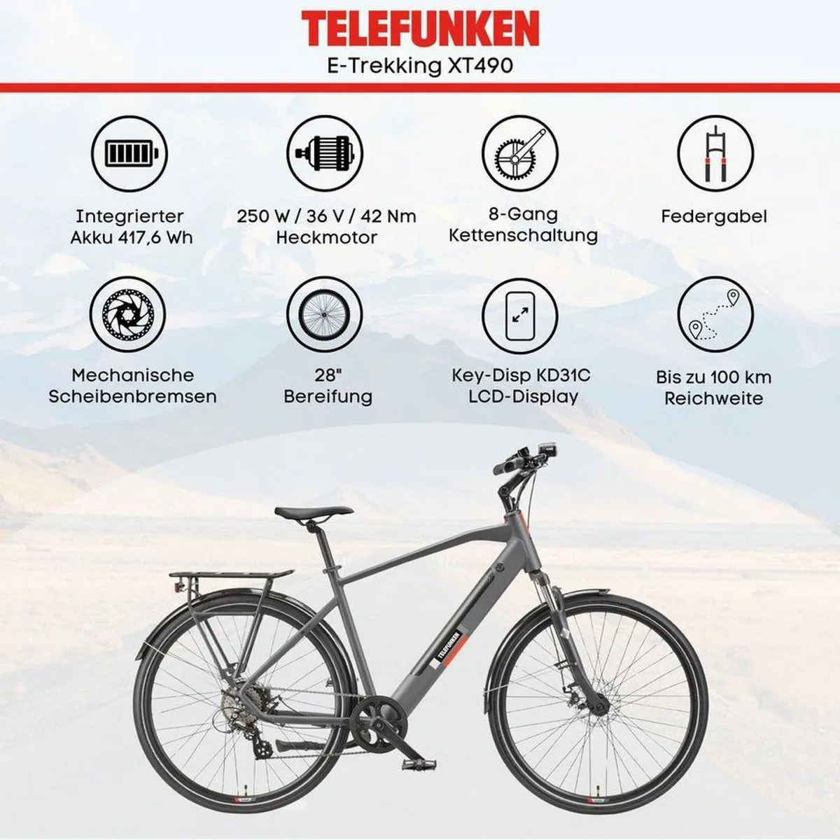 Telefunken E-Bike Trekkingrad Expedition XT490, 250W Heckmotor, 417,6 Wh Akku, Shimano 8-Gang 5