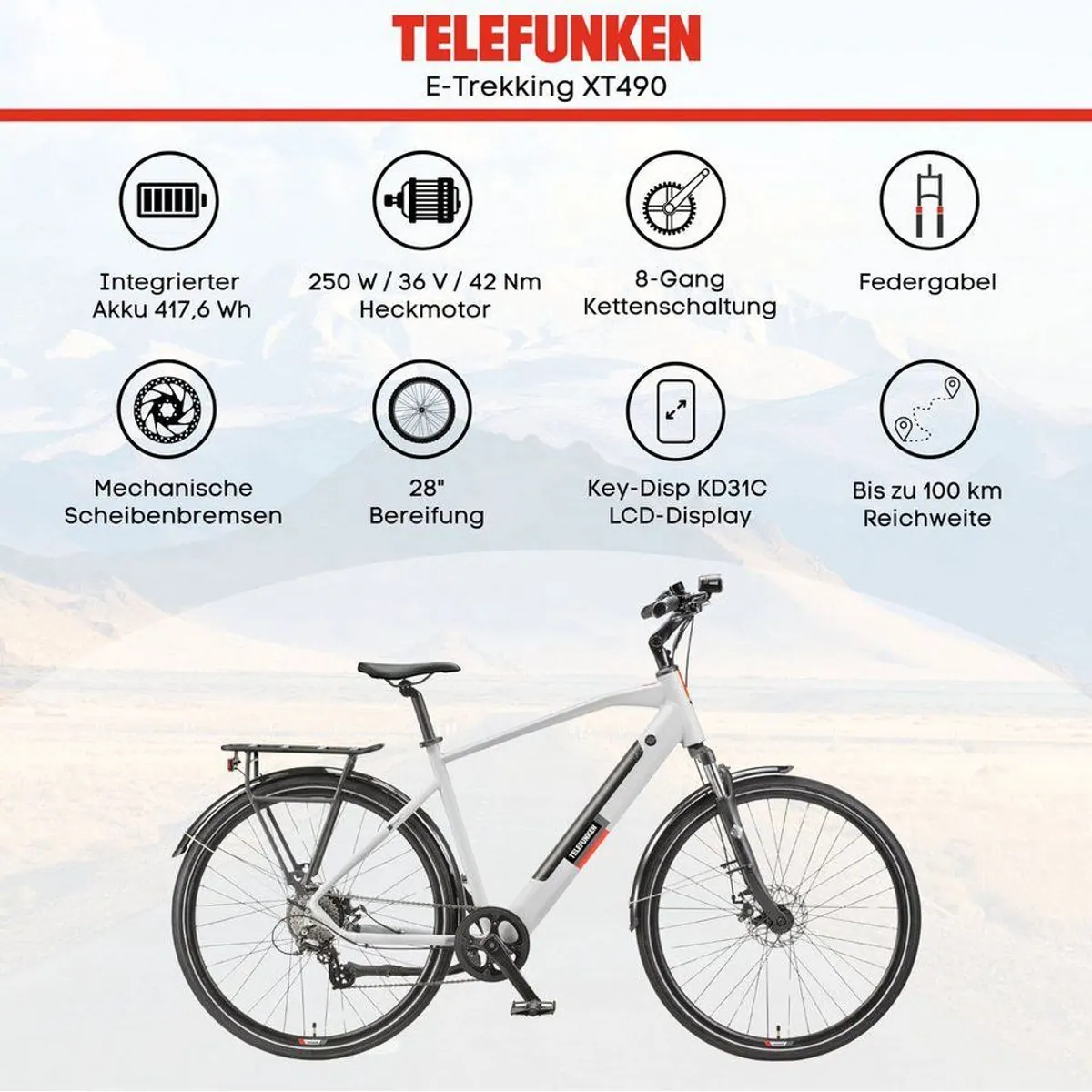 Telefunken E-Bike Trekkingrad Expedition XT490, 28 Zoll, 250W Heckmotor, 8-Gang Shimano 5