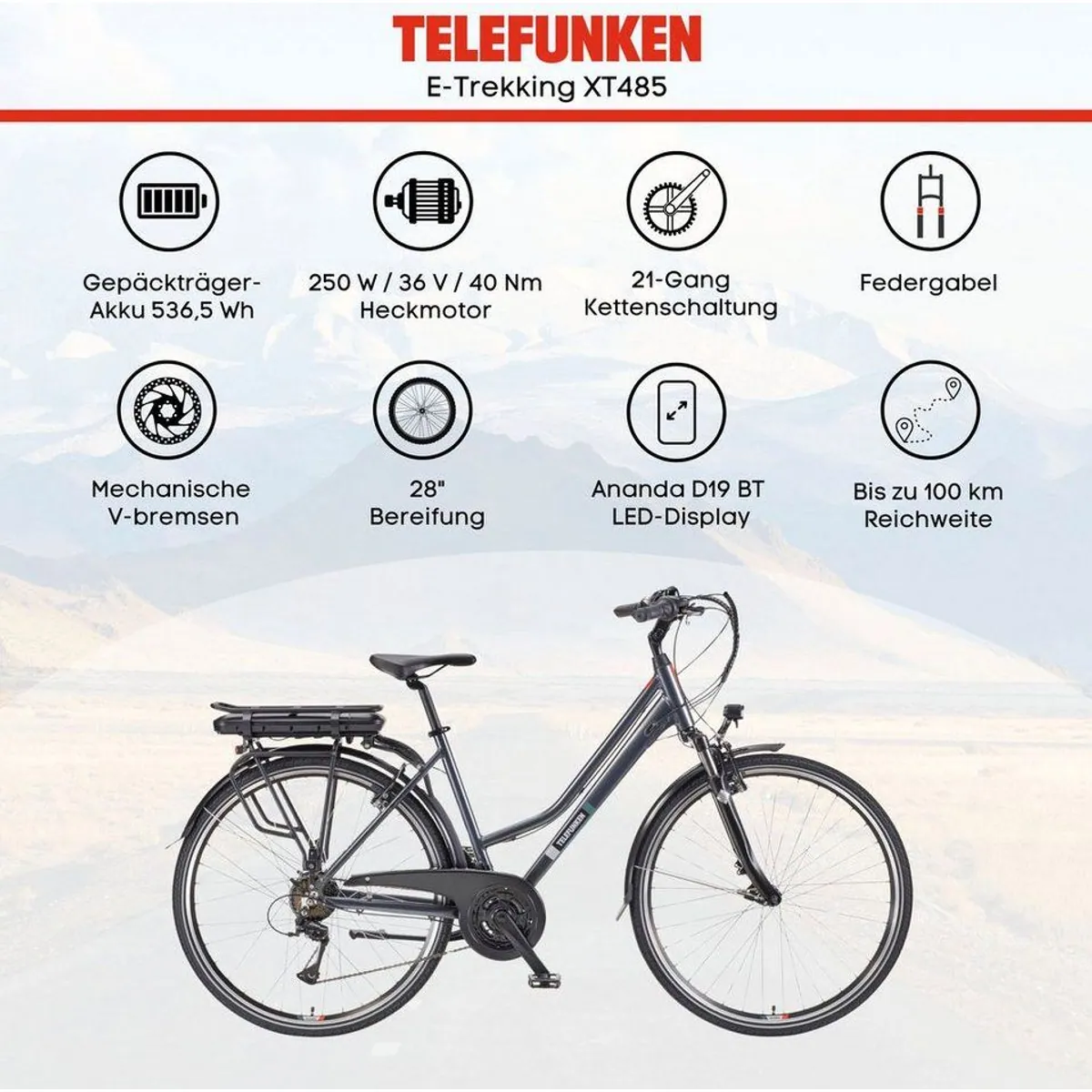 Telefunken E-Bike Expedition XT485 Damen, 21 Gang Shimano, 536,5 Wh Akku, sportliches Design 5