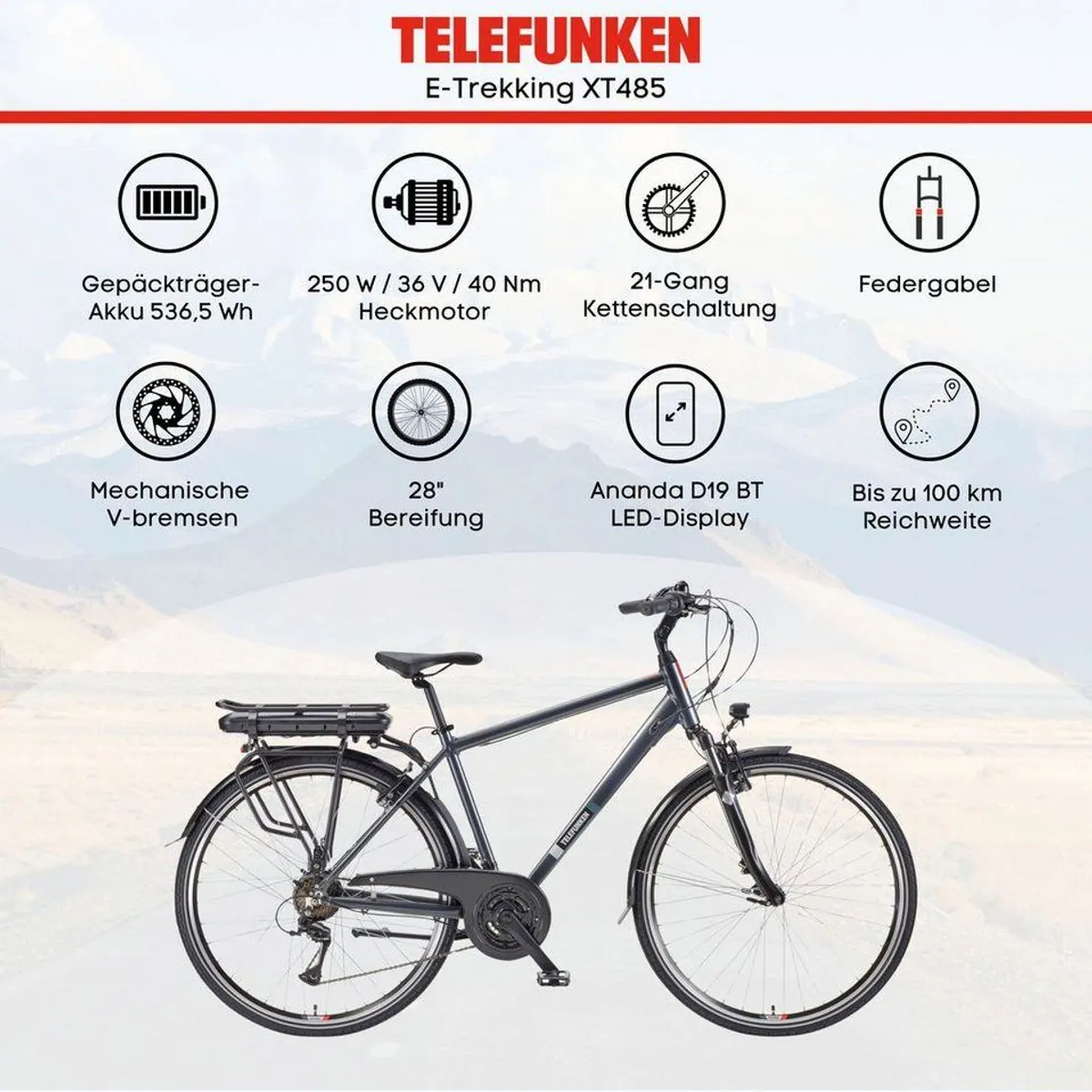 Telefunken Expedition XT485 E-Bike, 250W Heckmotor, 536,5 Wh Akku, 21-Gang Shimano 5