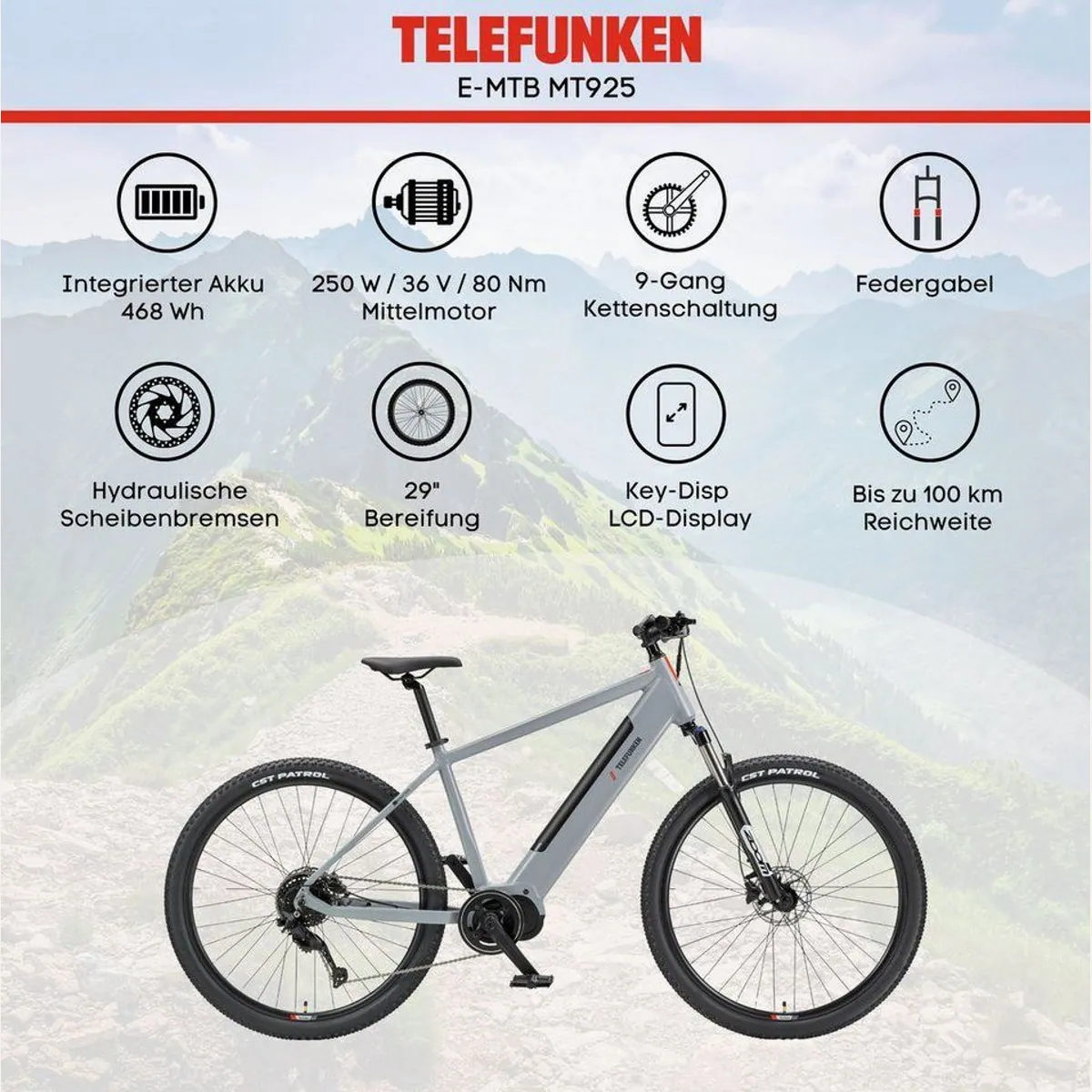 Telefunken MT925 E-Bike, 29 Zoll, 9-Gang Shimano, kraftvoller Mittelmotor 5
