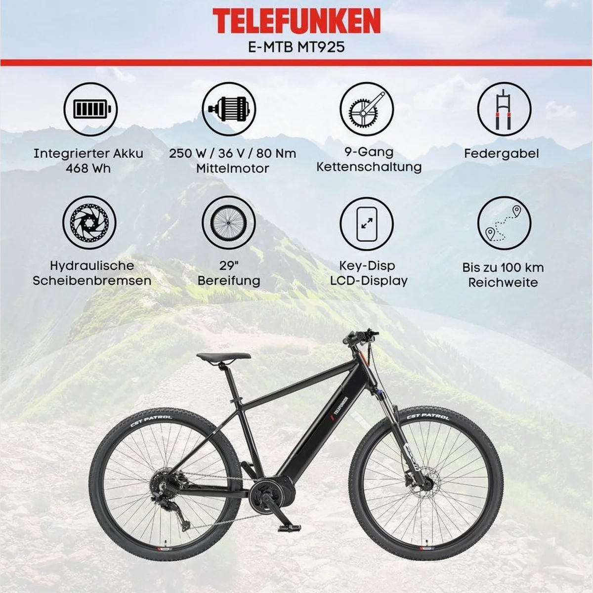 Telefunken MT925 E-Bike Mountainbike, kraftvoller Mittelmotor, 9-Gang Shimano Schaltung, 29 Zoll 5