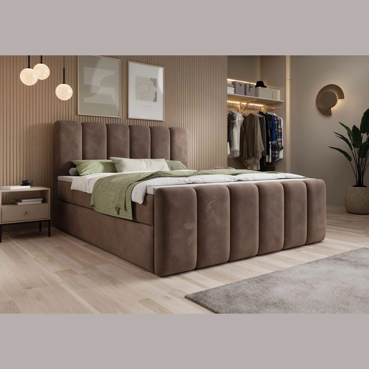 thematys Boxbett mit Bettkasten 140x200–200x200 cm, Velours oder Bouclé Bezug, H3 Matratze + 3cm Topper