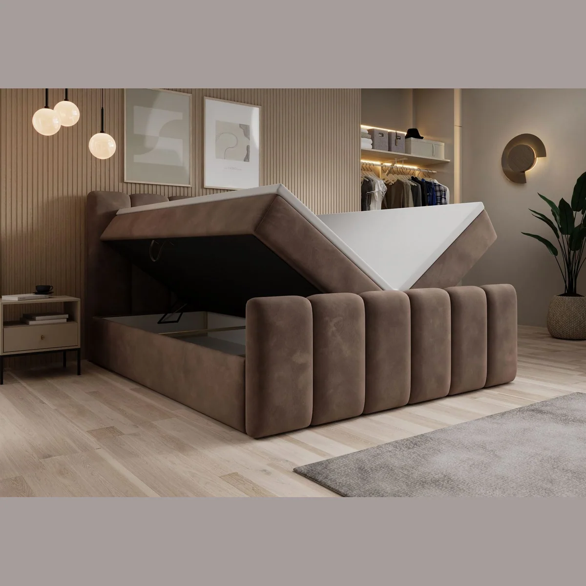 thematys Boxbett mit Bettkasten 140x200–200x200 cm, Velours oder Bouclé Bezug, H3 Matratze + 3cm Topper 3