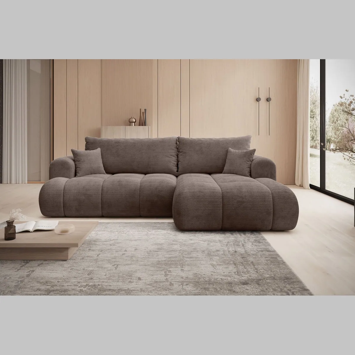 thematys Ecksofa TREVIO, L-Form, Schlaffunktion, Bettkasten, Cord und Bouclé