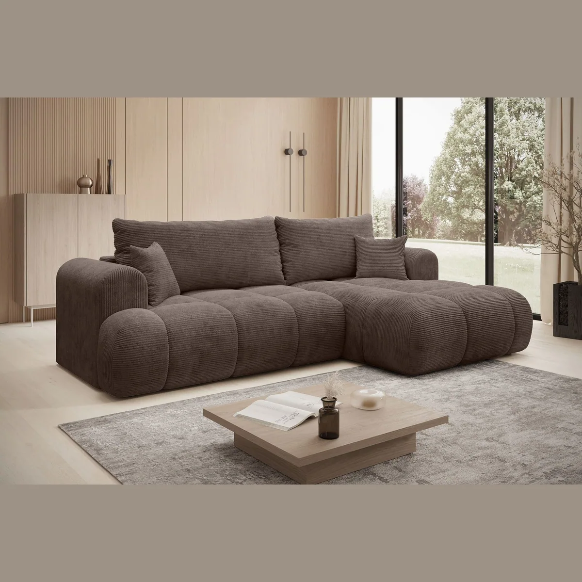 thematys Ecksofa TREVIO, L-Form, Schlaffunktion, Bettkasten, Cord und Bouclé 2