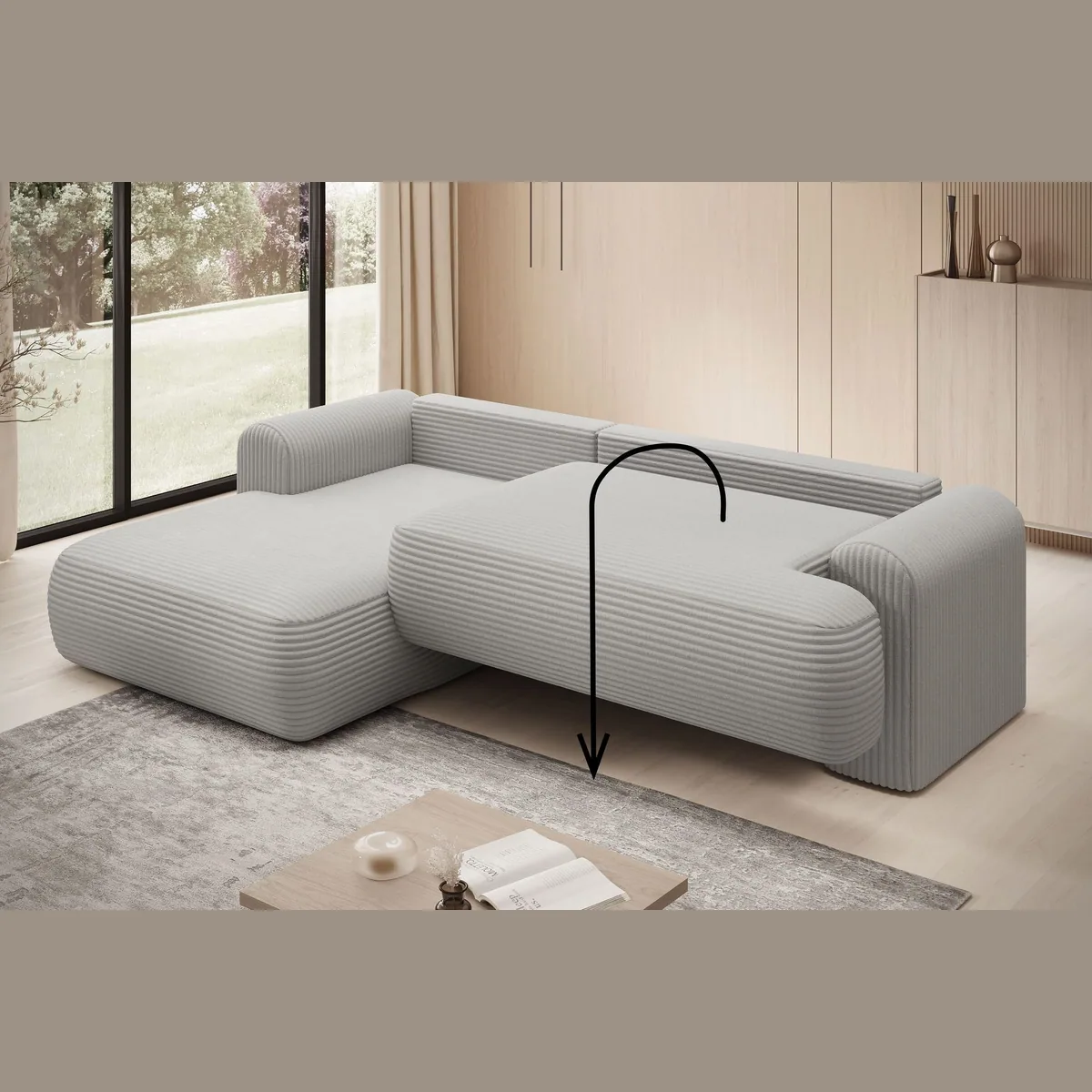 thematys Ecksofa TREVIO, L-Form, Schlaffunktion, Bettkasten, Cord und Bouclé 3
