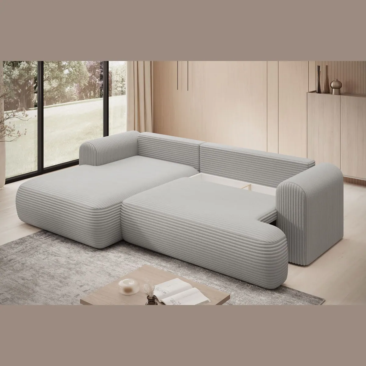 thematys Ecksofa TREVIO, L-Form, Schlaffunktion, Bettkasten, Cord und Bouclé 4