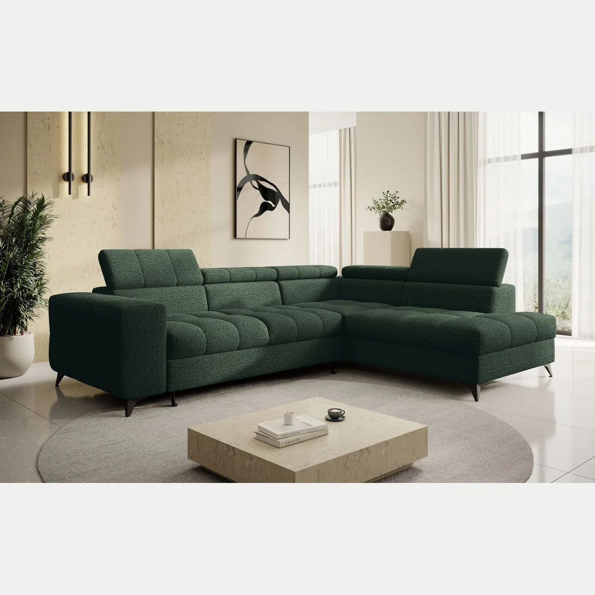 thematys Ecksofa SORANO, Schlaffunktion, Bettkasten, verstellbare Kopfstützen — L-Form 270×203 cm
