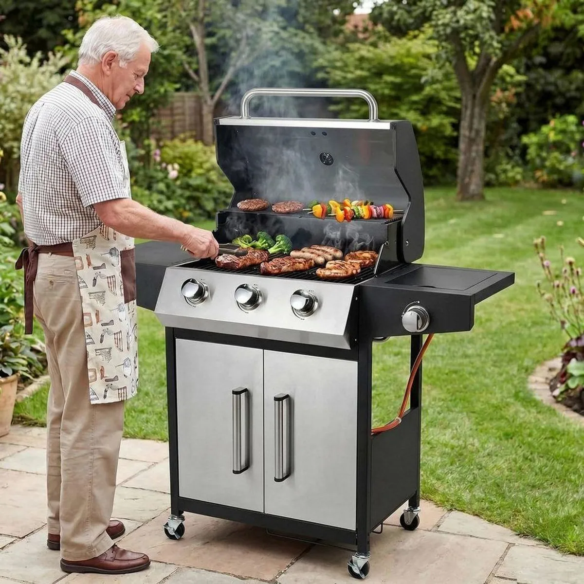 TLGREEN Gasgrill 3+1, 13,5 kW Leistung, Edelstahl, Seitenkochfeld & Thermometer