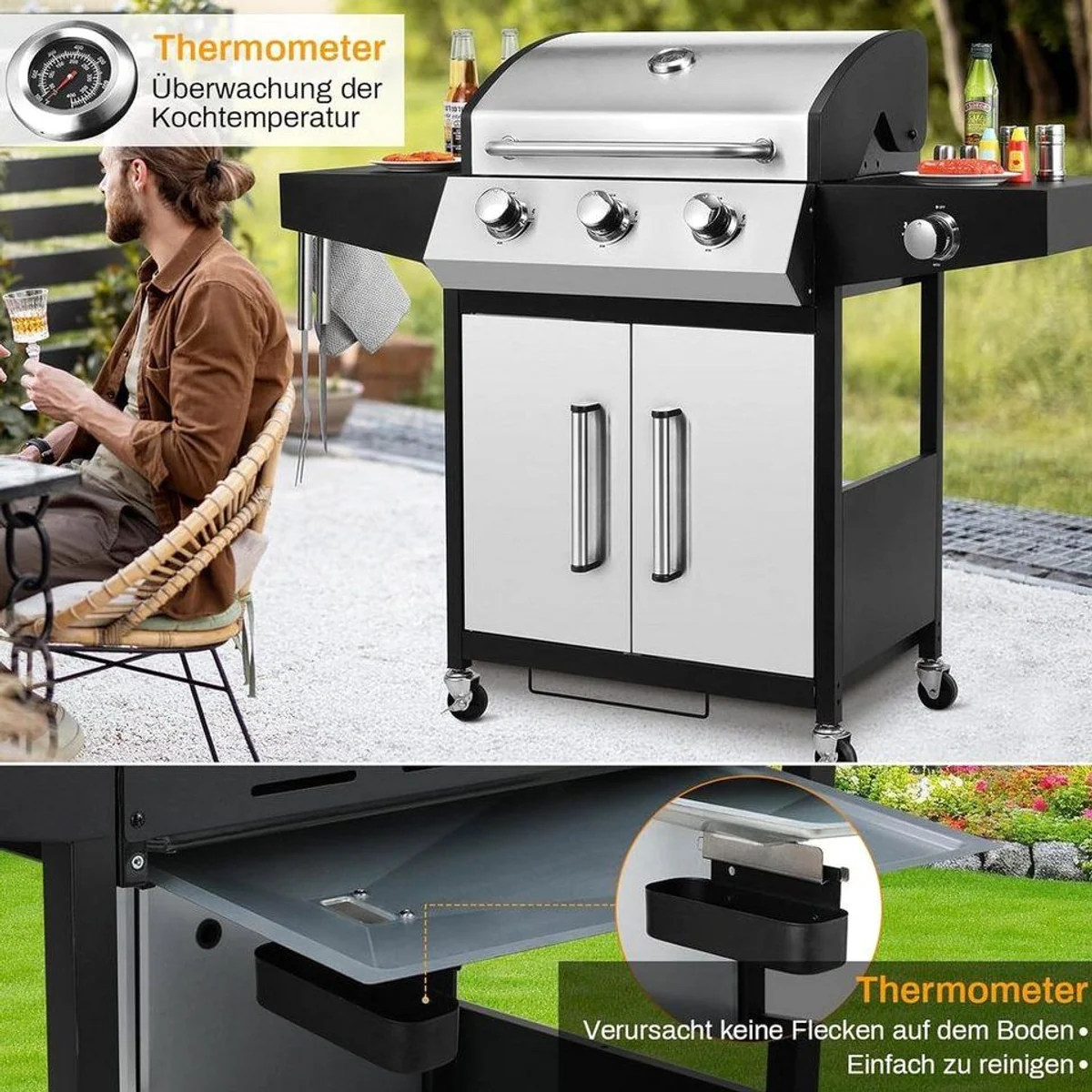 TLGREEN Gasgrill 3+1, 13,5 kW Leistung, Edelstahl, Seitenkochfeld & Thermometer 3