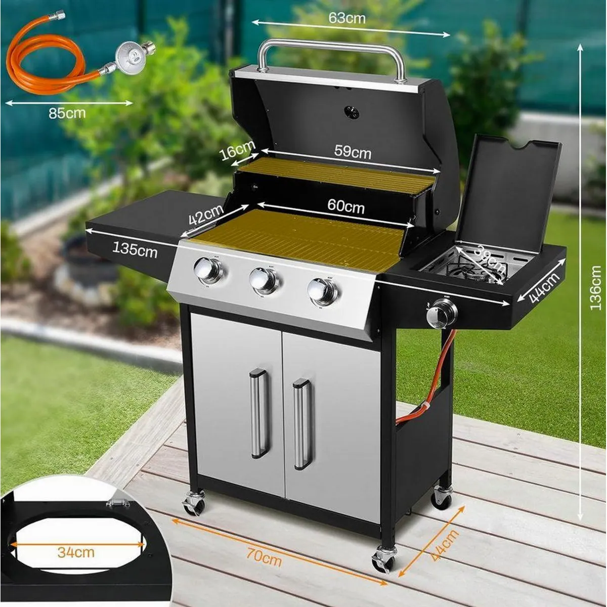 TLGREEN Gasgrill 3+1, 13,5 kW Leistung, Edelstahl, Seitenkochfeld & Thermometer 4