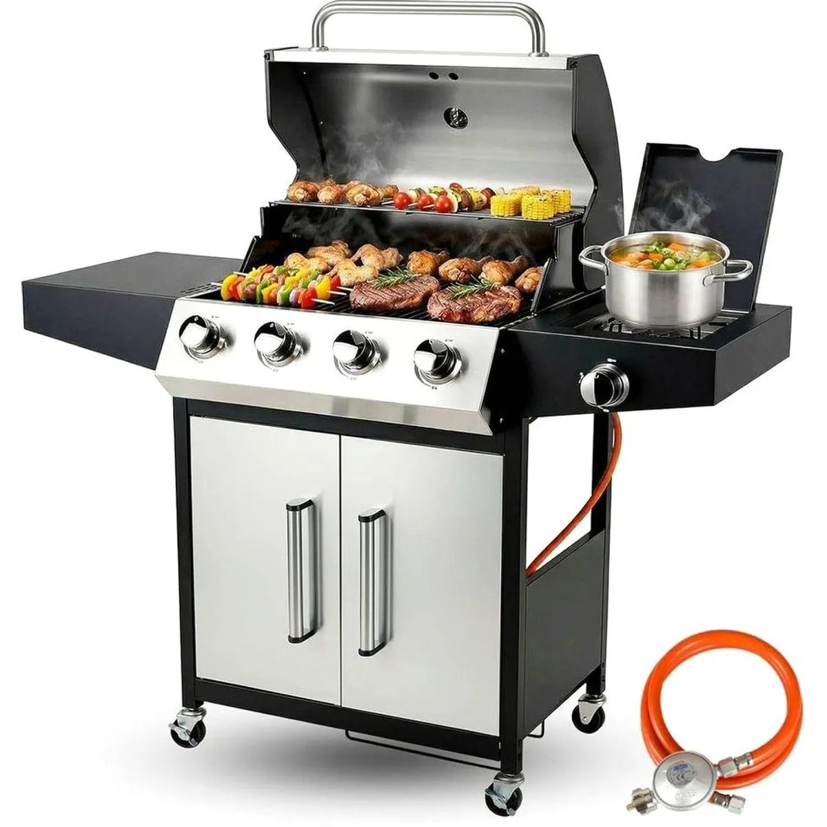 TLGREEN Gasgrill 4+1 Brenner, 15 kW Heizleistung, vielseitiger Grillwagen für BBQ und Camping