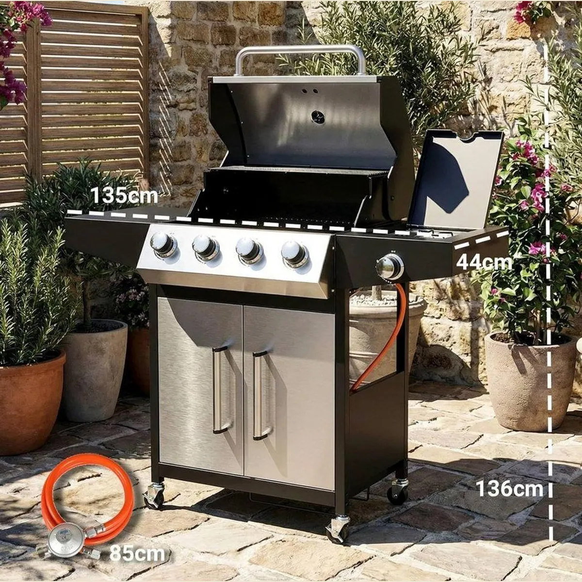 TLGREEN Gasgrill 4+1 Brenner, 15 kW Heizleistung, vielseitiger Grillwagen für BBQ und Camping 4