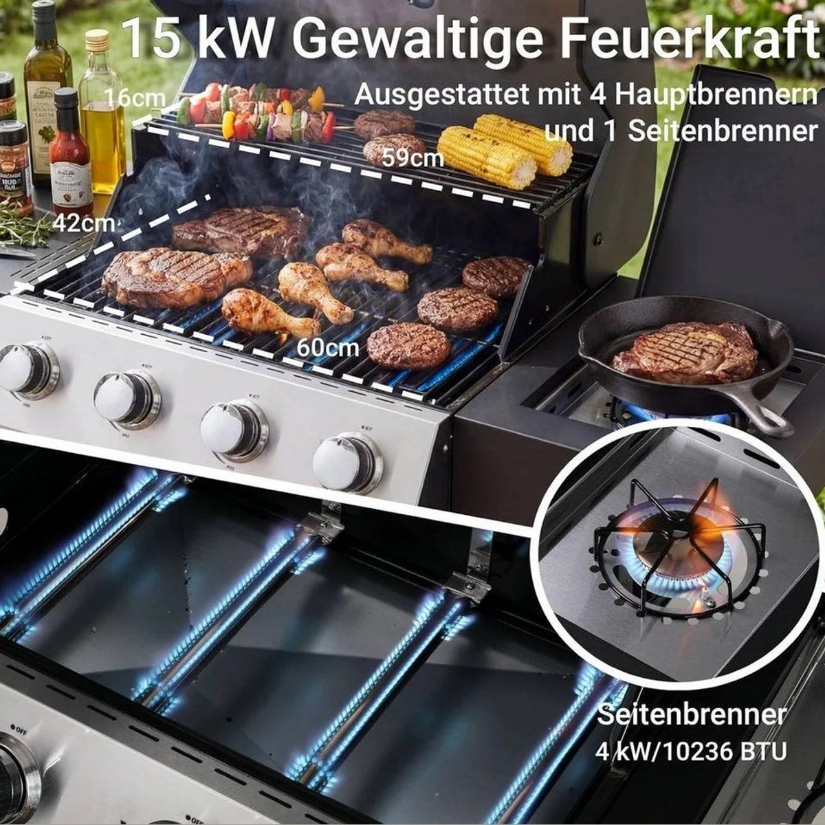 TLGREEN Gasgrill 4+1 Brenner, 15 kW Heizleistung, vielseitiger Grillwagen für BBQ und Camping 5