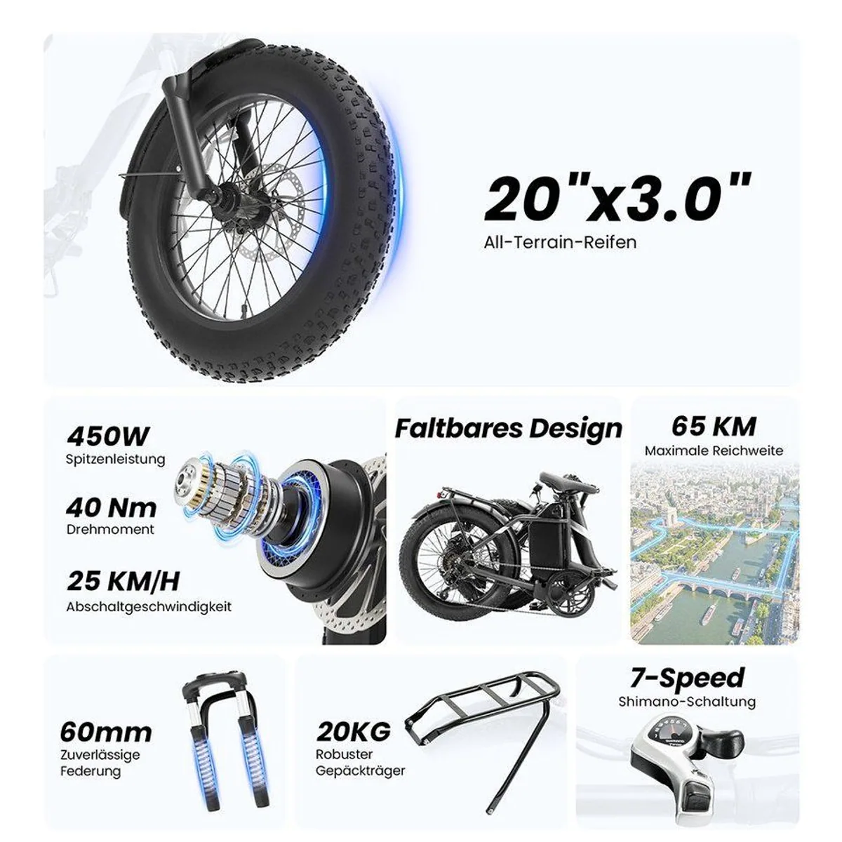 Touroll S3 Elektro-Fatbike 20 Zoll, leistungsstarker Motor, abnehmbarer Akku, klappbar 3