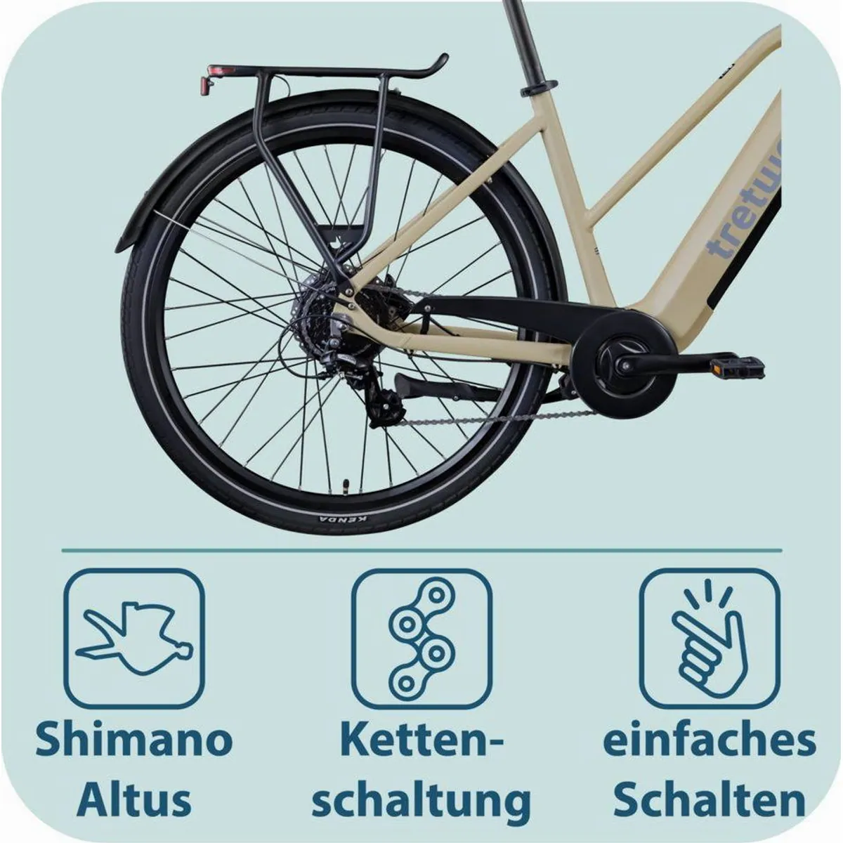 Tretwerk Onyx E-Bike Trekkingrad, kraftvoller Heckmotor, 8-Gang Shimano Schaltung — 540 Wh Akku 4