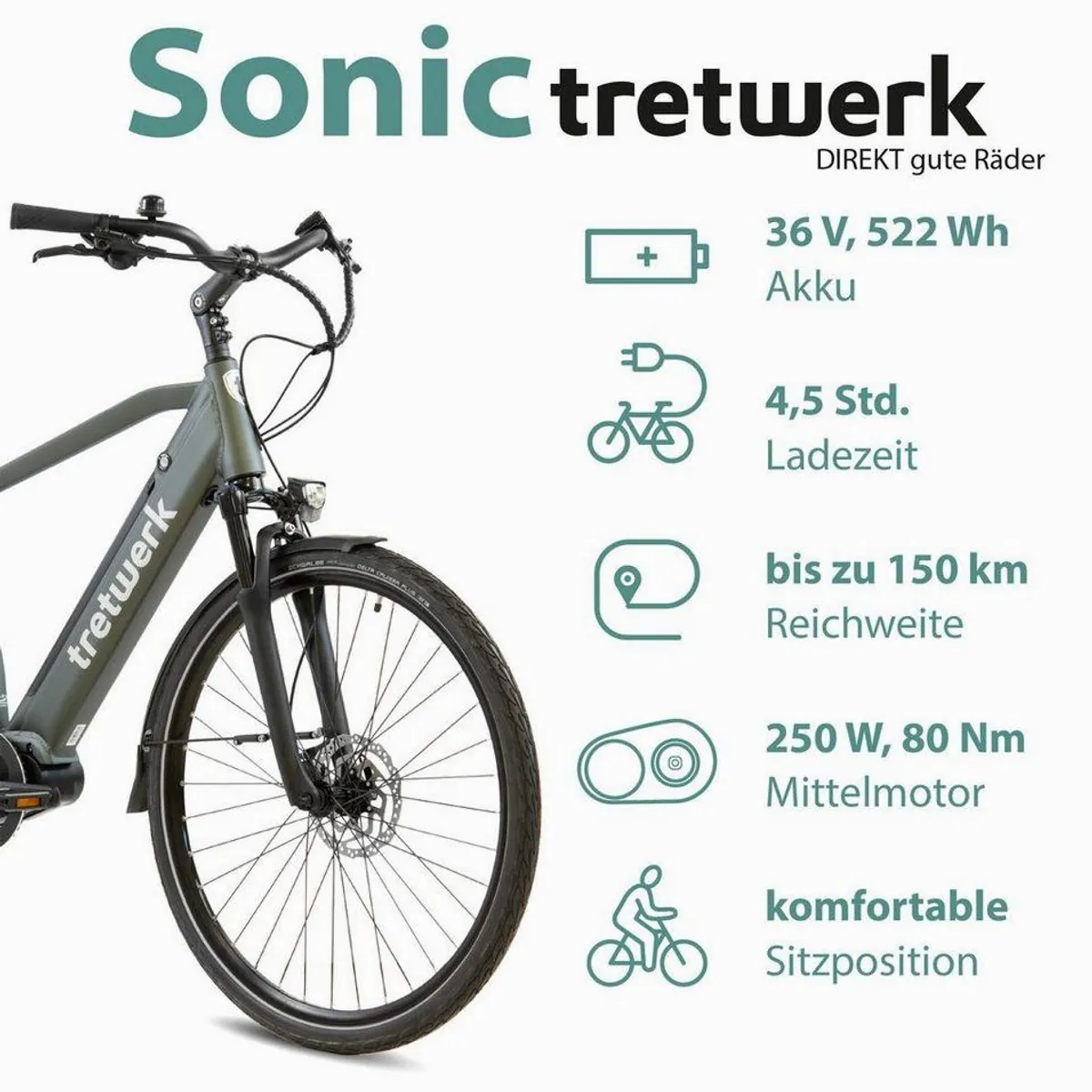 Tretwerk Sonic E-Bike Trekkingrad, 8-Gang Shimano Acera, 522 Wh Akku — komfortabel, leistungsstark, vielseitig 3