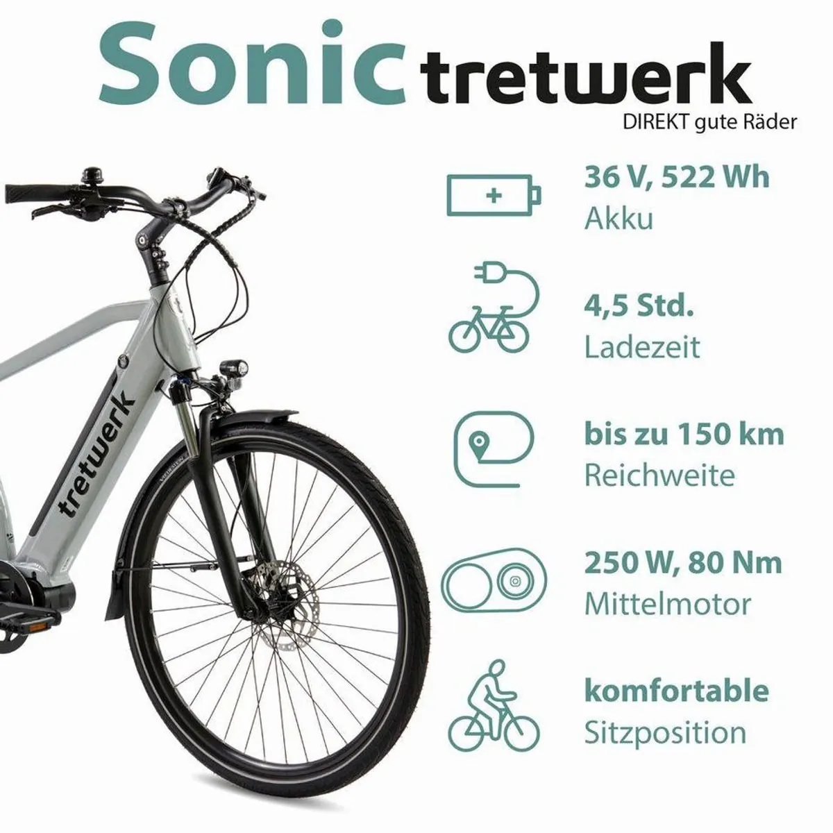 Tretwerk E-Bike Trekkingrad Sonic, leistungsstarker Mittelmotor, 8-Gang Shimano Schaltung 3