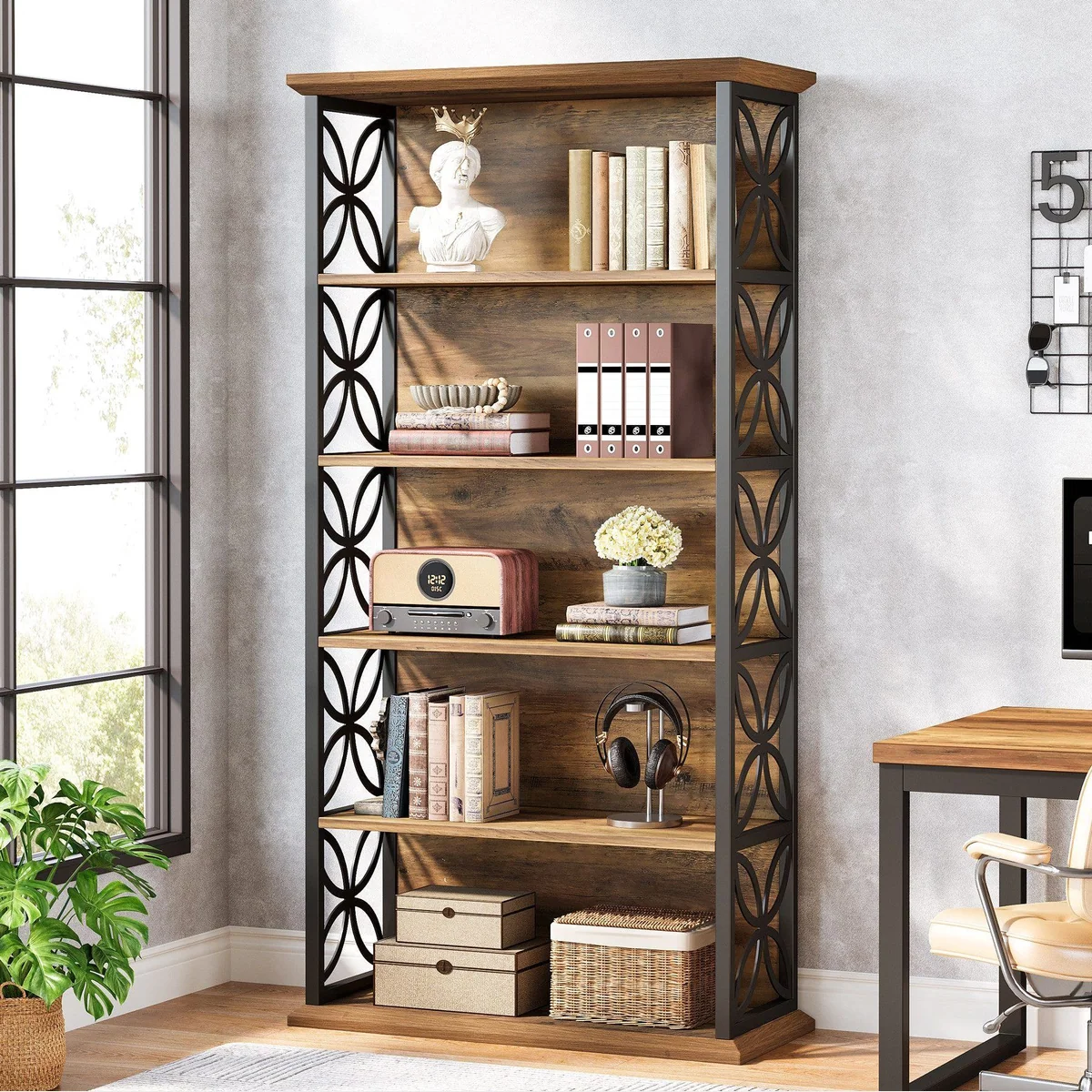 Tribesigns Bücherregal 180cm, industrieller Stil, 6 offene Ebenen 2
