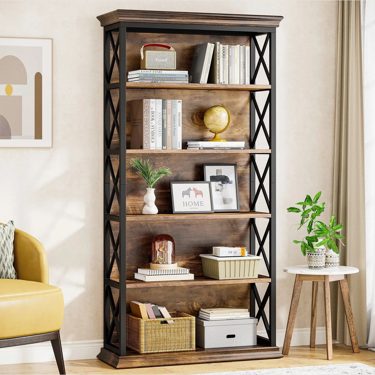 Tribesigns Bücherregal 180 cm, 6-stöckiges Design mit Holz und Metallrahmen 2