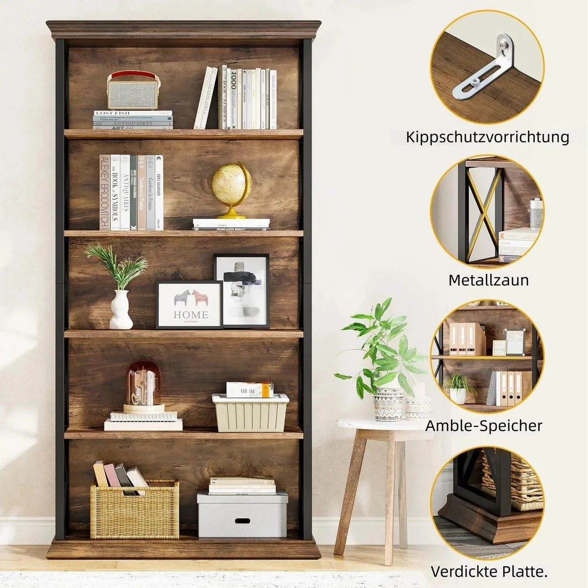 Tribesigns Bücherregal 180 cm, 6-stöckiges Design mit Holz und Metallrahmen 4