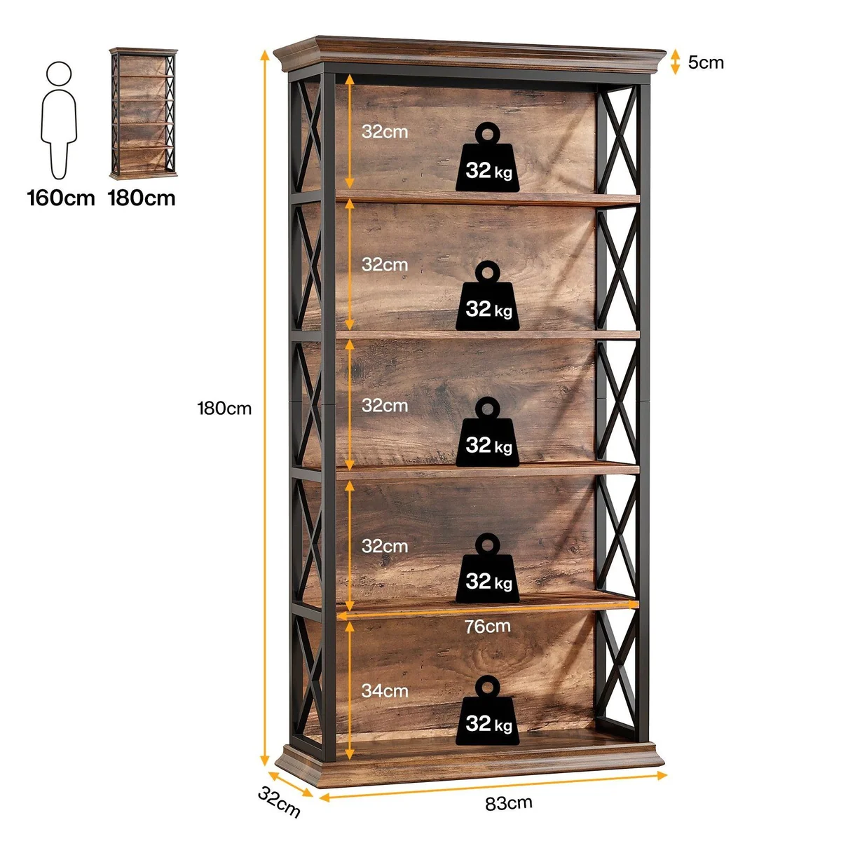 Tribesigns Bücherregal 180 cm, 6-stöckiges Design mit Holz und Metallrahmen 5