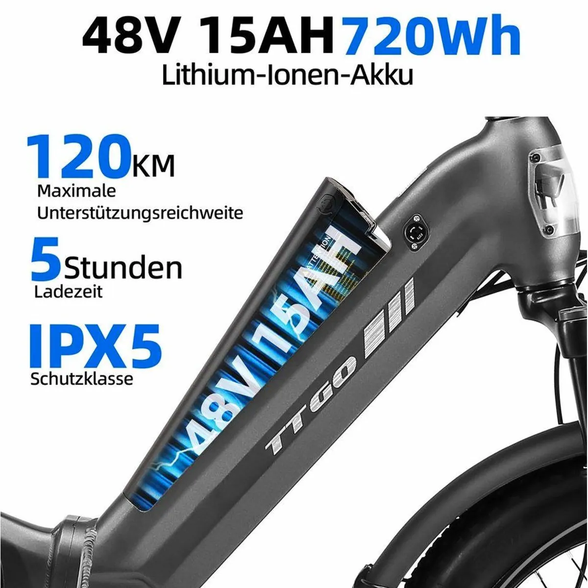TTGO E-Bike Klapprad 20 Zoll, vollgefederte Softtail-Konstruktion, 70Nm Drehmoment, 720Wh Akku 5