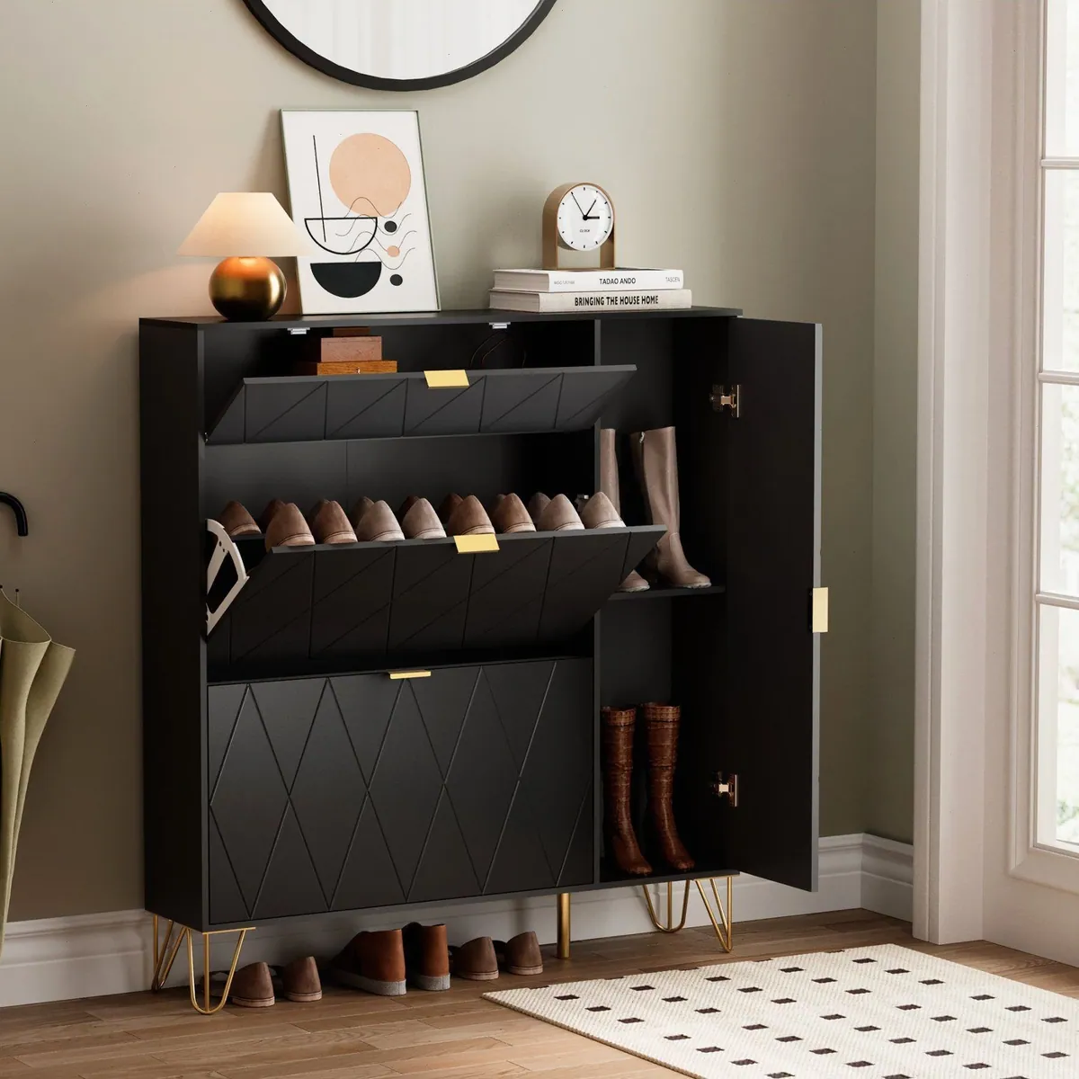 UEV Schuhschrank mit 4 Klappen, skandinavisches Design, vielseitiger Stauraum 2