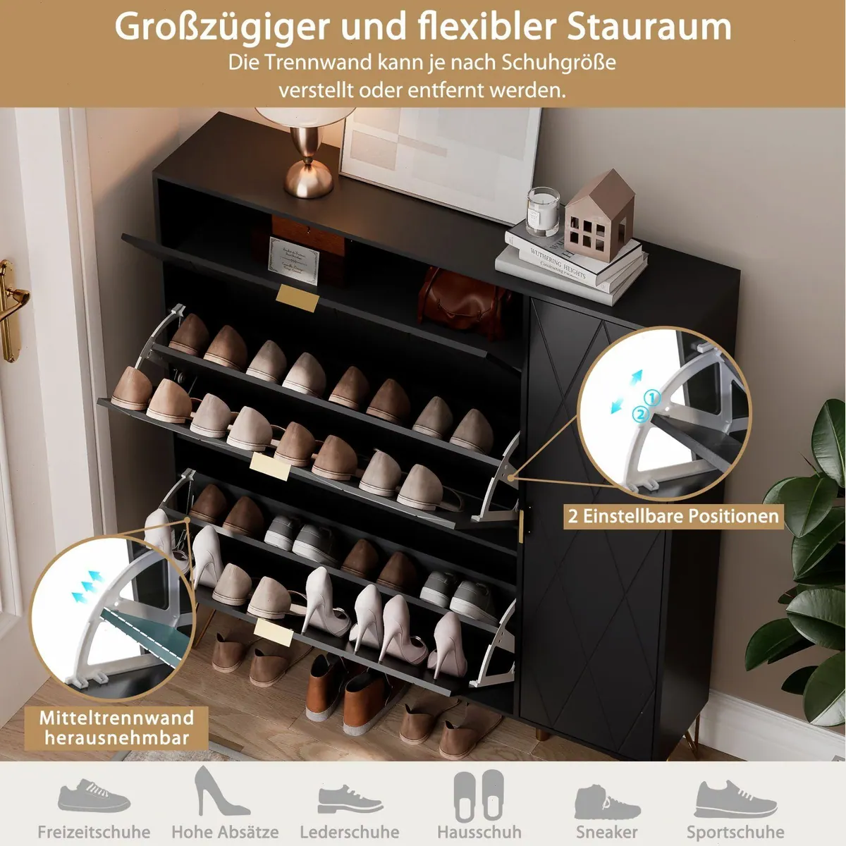 UEV Schuhschrank mit 4 Klappen, skandinavisches Design, vielseitiger Stauraum 3